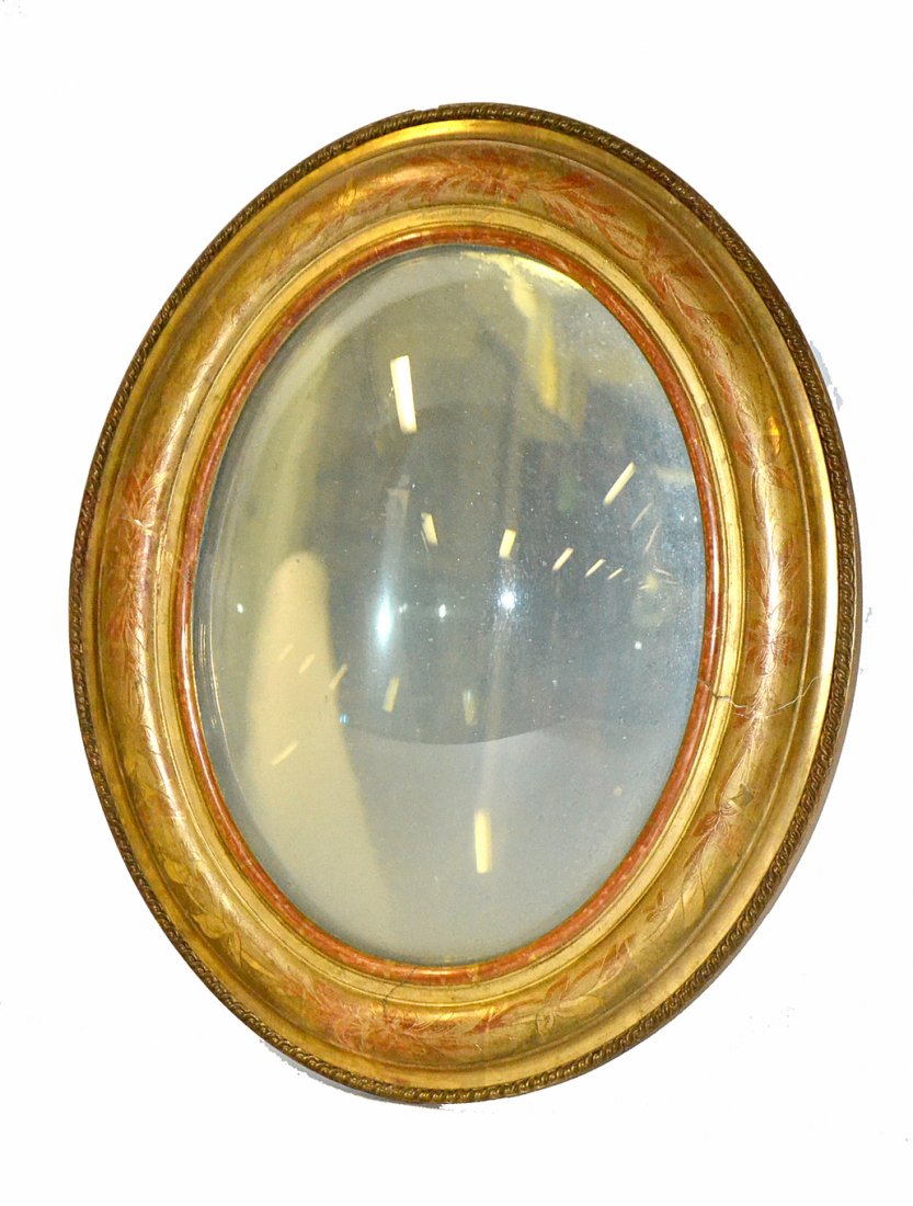 Vintage Oval Gilt Gesso Mirror: Bears an antique looking glass and convex glass cover [Frame: 17" x 13 3/4"; Aperture: 12 1/4" x 9"].