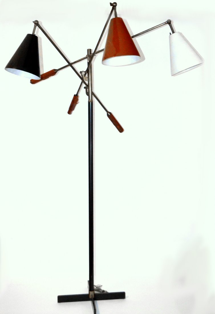 Early Arredoluce Triennale Floor Lamp: Bronze and steel three light floor lamp with brown, white and black shades. Dimensions vary from [36" D x 60" H]. Cap stamped "Made in Italy". Wear consistent with age and use, including original worn
