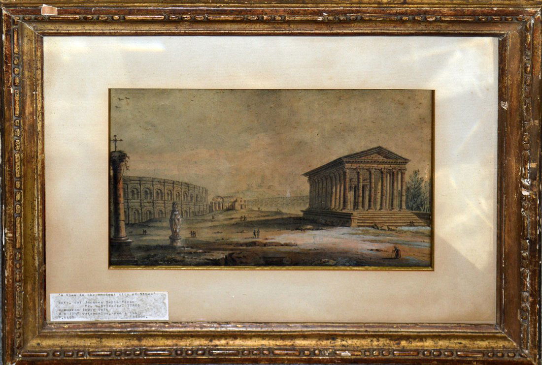 After Jacques Marie Veran, Watercolor: Watercolor depicting figures dwarfed by ancient buildings and ruins. Age-toning, foxing, and soiling. [Art: 7 3/7" x 12 1/4". Frame: 16" x 20 1/2"].