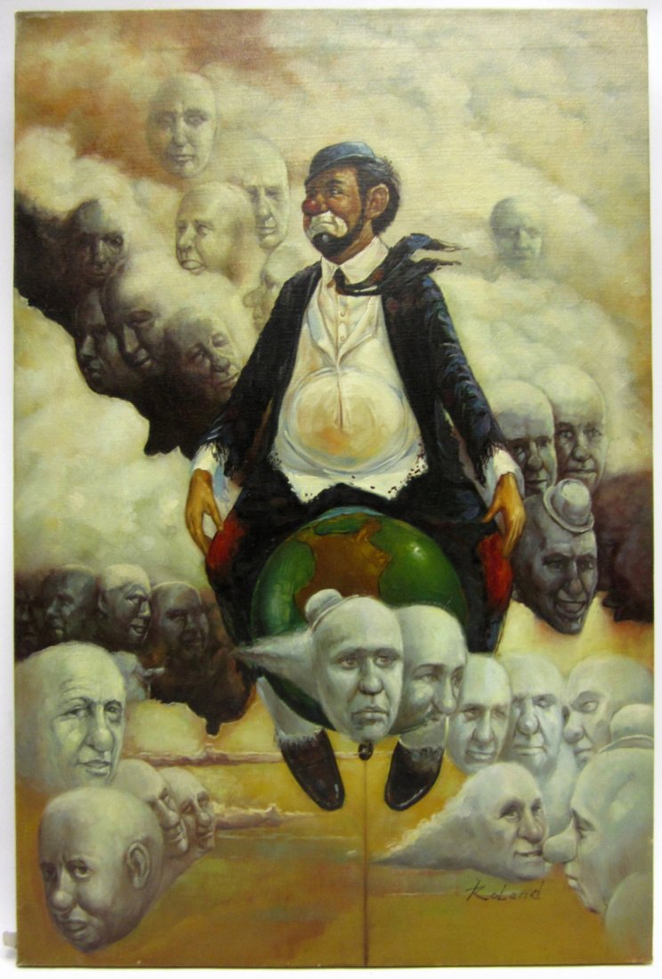 Roland De Thonon, Oil On Canvas - Surrealist Clown: 20th C. unframed oil on canvas painting depicting a surrealist clown. Signed lower right: "Roland". Inscribed in ink on canvas stretcher on verso: "Roland de Thonon." Label on verso: "Roland de Thonon