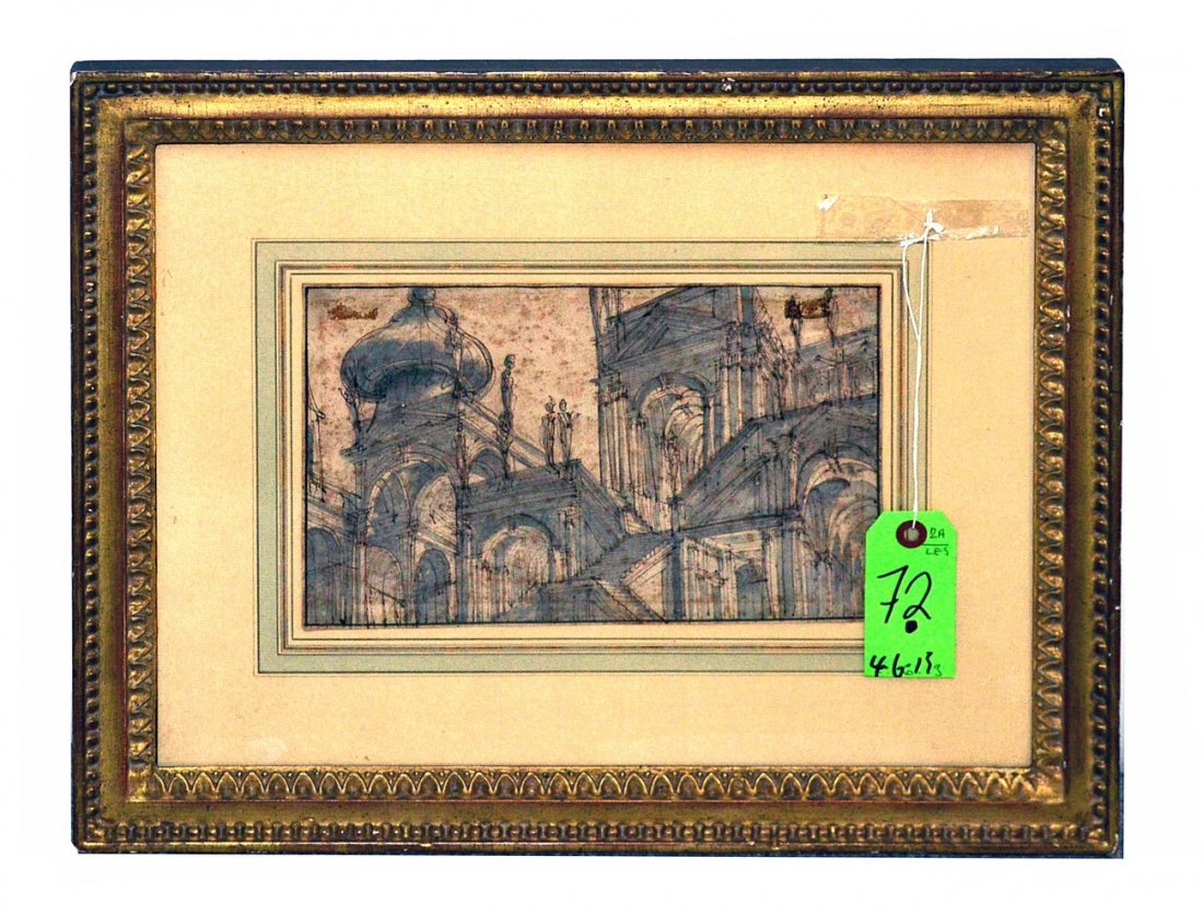[after] Giuseppe Valeriani, Architectural Scene: Framed pen and gray wash "Architectural Fantasy," after Giuseppe Valeriani, 1708-1762. Bears Christie's labels and Charles E. Slatkin Galleries, NYC. Extensive foxing, poor condition. [Art: 6 1/4" x 1