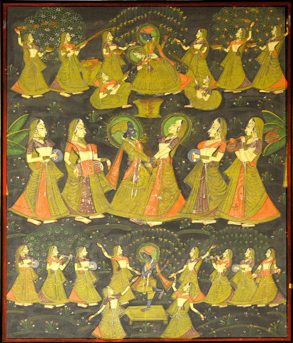Lerishna Radha - Wedding Scene: Framed tempera and watercolor on cotton canvas. 19th-20th Century. Wear to canvas, losses to paint. [Art: 43" x 34"; Frame: 45" x 35"]