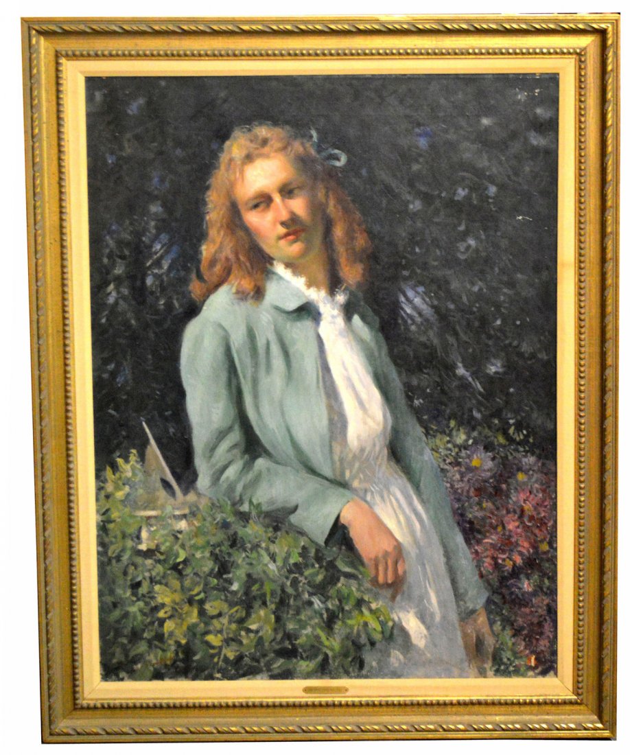 Dana Pond, Oil On Canvas: Standing waist-length depiction of a woman outdoors in full profile pose. Signed bottom right: "Dana Pond." Some surface abrasions in background, not affecting figure. [Art: 39 1/2" x 29 1/2"; Frame: 