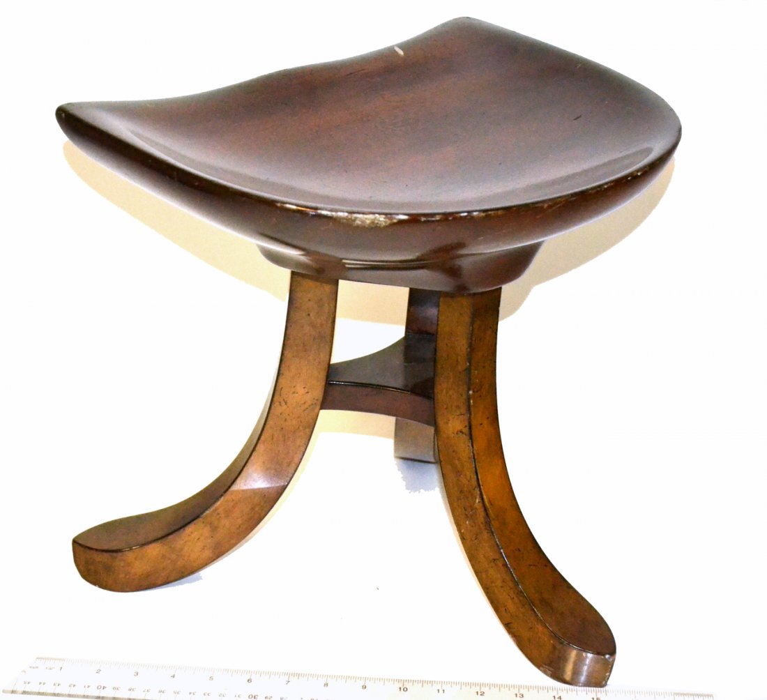 Smith & Watson Low Bench: Walnut bench, shaped seat, trilegs. Made in New York, 20th C.