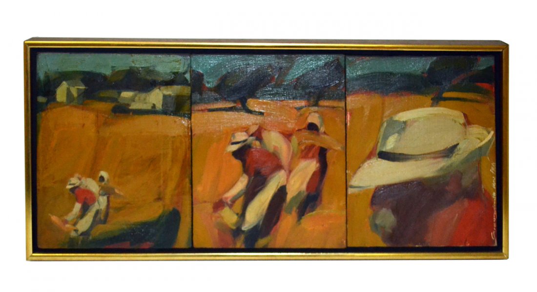 Paul Giovanopoulos Three Scenes: Framed oil on canvases, triptych style, two with figures, the third as a profile, signed lower right. Good condition. [Art: 8" x 10"; Frame: 12" x 26 1/4"]