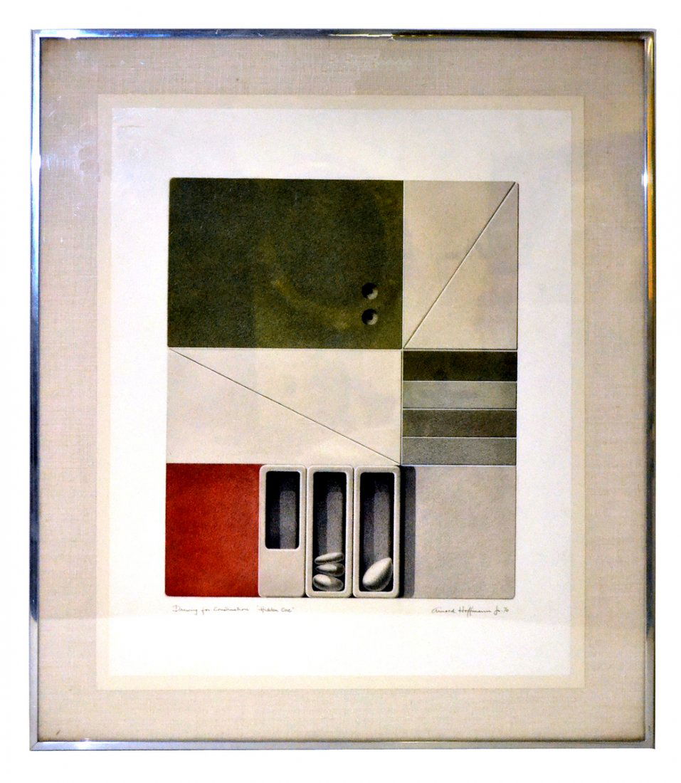 Arnold Hoffmann, Jr., Serigraph - "...Hidden One": Framed abstract composition on woven Strathmore. Inscribed in wide margin at left "Drawing for Construction 'Hidden One'", and signed at right "Arnold Hoffmann Jr. 70", in pencil. Good condition. [Art