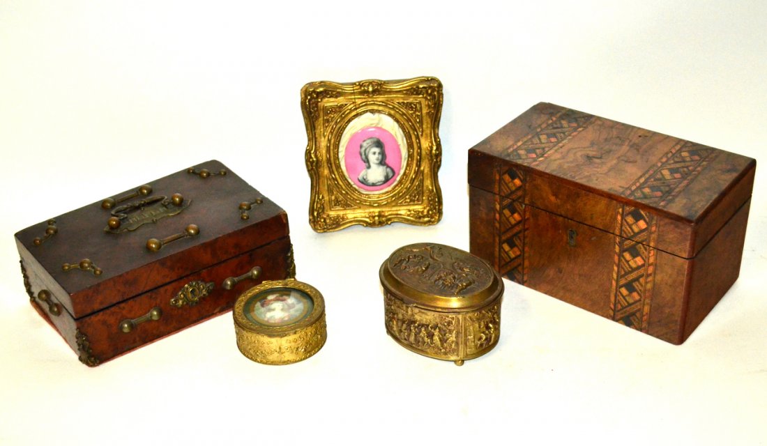 Four Boxes and One Miniature: Two wooden boxes and two gilt bronze pill boxes, together with a framed porcelain miniature box.