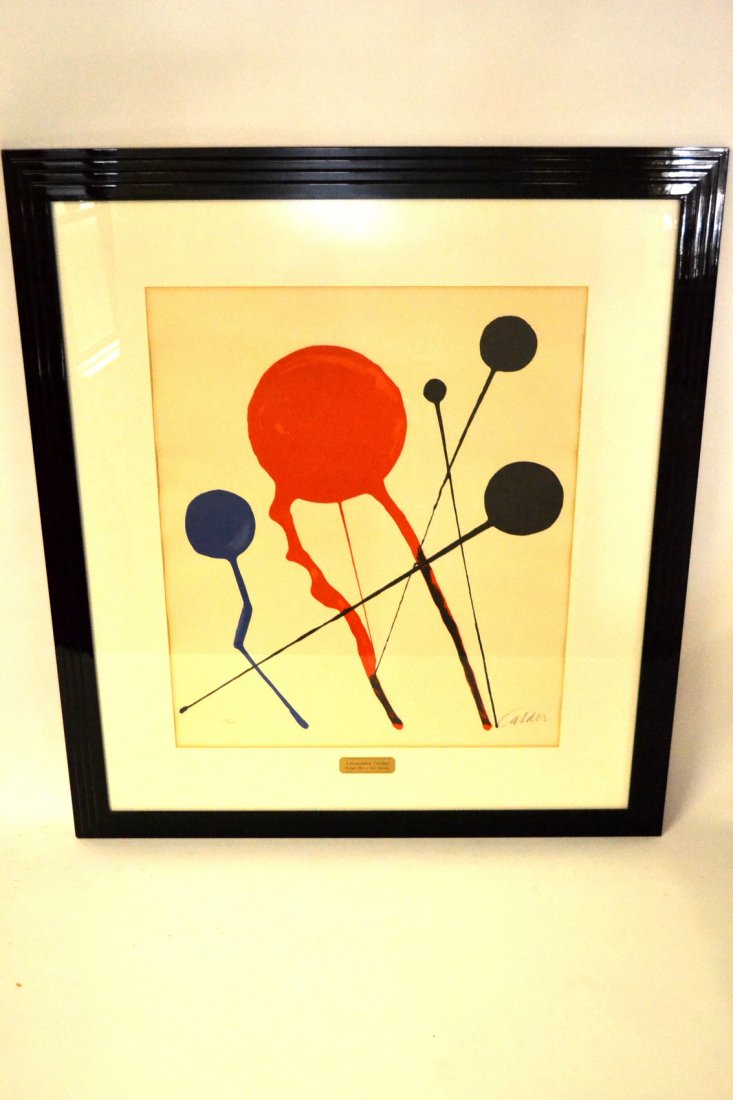 Alexander Calder Litho- "Rouge Bleu A Noir Boules": Abstract color composition numbered "119/200" at bottom left and boldly signed "Calder" at bottom right, in pencil. Light toning, matte burn and horizontal crease at top 1/3 of sheet. [Art: 24 1/2" x