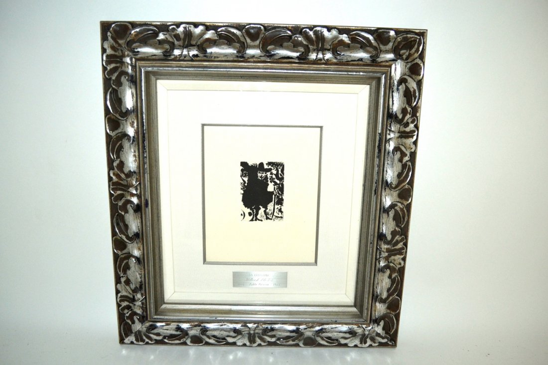 After Picasso, Etching & Aquatint- "Bloch 1635": "Jeune Femme et Vieux Mari," from La Celestine Suite, circa 1971. Marked under matte "77/350."Matted and contained under glass in a silvered wood frame. Bears sharp plate impression. In good condition