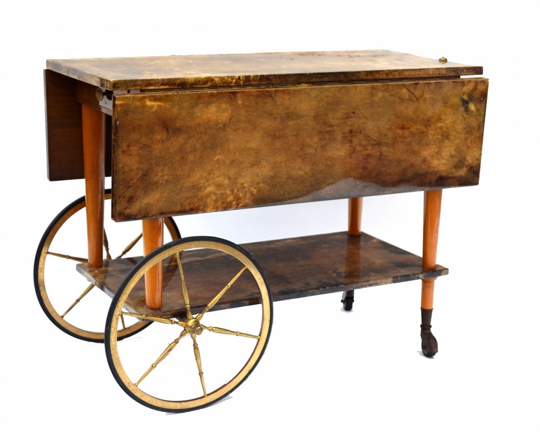 Modern Goat Skin Tea Cart: Modern goat skin tea cart, with one drawer and drip sides. [35 1/2" x 26" x 27 1/4" H]. leaves open.