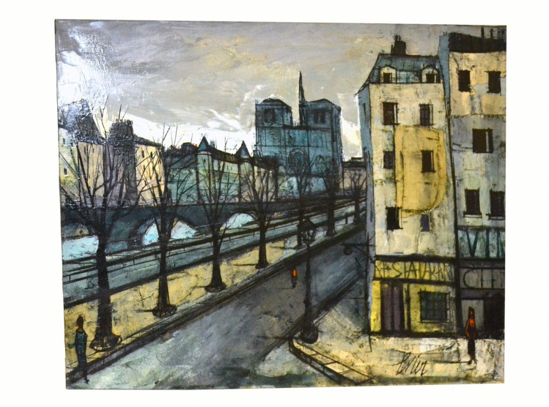 Charles Levier, Oil/Canvas - "Le Quai de la Seine": Semi-abstract Parisian street scene with river and Notre Dame in background. Signed bottom right, "Levier". Art [24" x 30"]. Titled and signed "C. Levier" on verso.