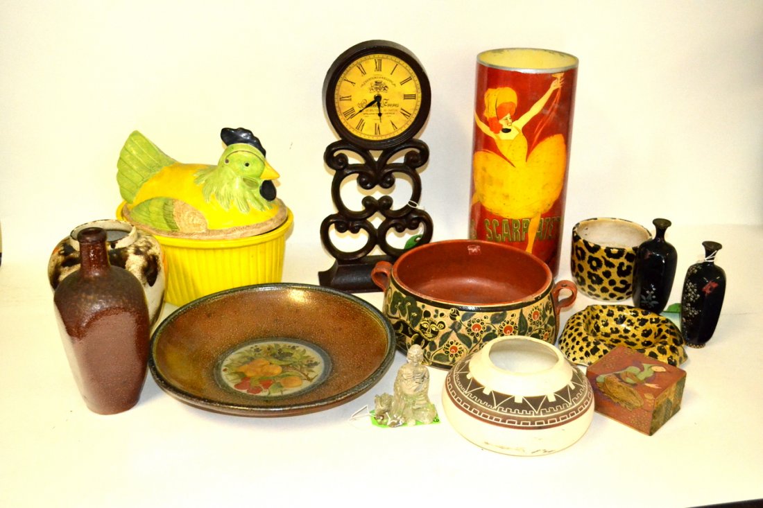 Assorted Decorative Articles: Includes ceramics, metals, and glass. Comprises: Equestrian sculpture of Marshall Poniatowski; Chinese enamel vases; Native American bowl, carved Buddah and others. 14 items total.