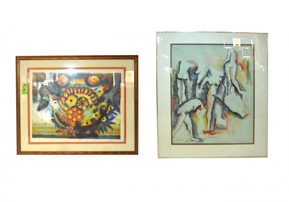 Juan Garcia Ripolles, Litho.- "Paloma" and Other: Colorful abstract depiction of a hen. Inscribed and signed in bottom margin "H.C. 'Paloma' Ripolles-69". [Art: 17" x 22"; Frame: 26" x 30 1/2"]. In good condition. Accompanied by an ink and watercolor