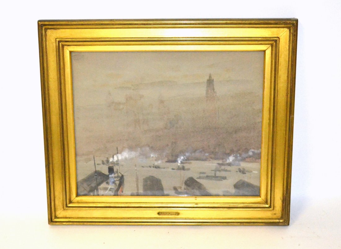 Joseph Pennell, W/C And Gouache, "New York Harbor": Depiction of New York Harbor in fog with top of the Woolworth Building in background. Unsigned. [Art showing: 10" x 12 3/4"; Frame 14 1/4" x 17"].