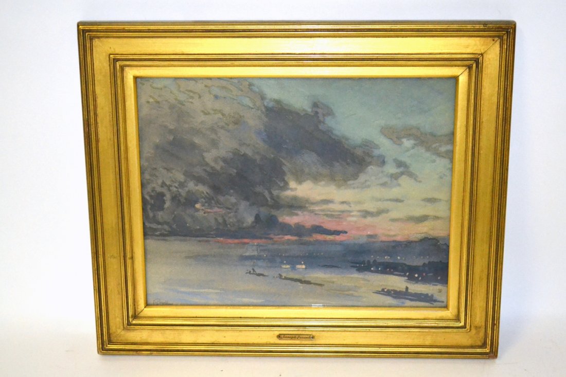 Joseph Pennell, Watercolor, 'Harbor at Dusk': Depiction of New York Harbor at sunset with coastal lights. Signed bottom left 'J. Pennell'. [Art showing: 9 1/4" x 12 1/8"; Frame: 13 1/2" x 16 1/8"].