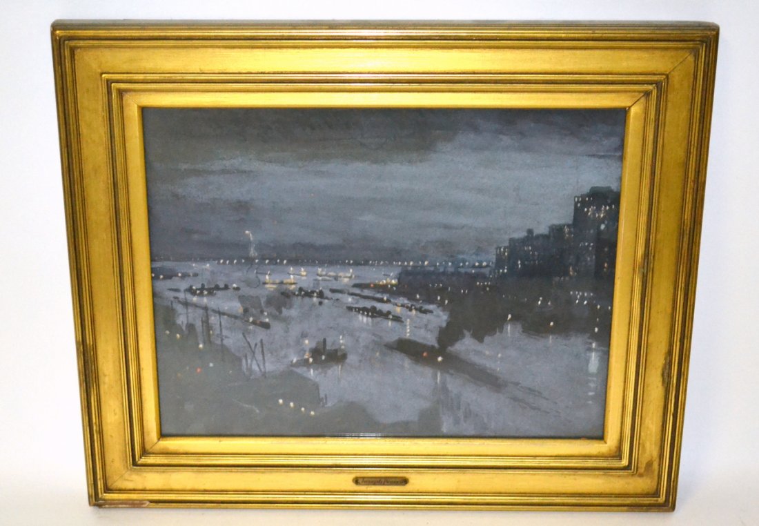 Joseph Pennell, Watercolor, 'NY Harbor at Dusk': Depiction of bustling harbor with ship and city lights and Statue of Liberty in background. Unsigned. [Art showing: 9 1/4" x 12 1/8"; Frame: 13 1/2" x 16 1/4"].