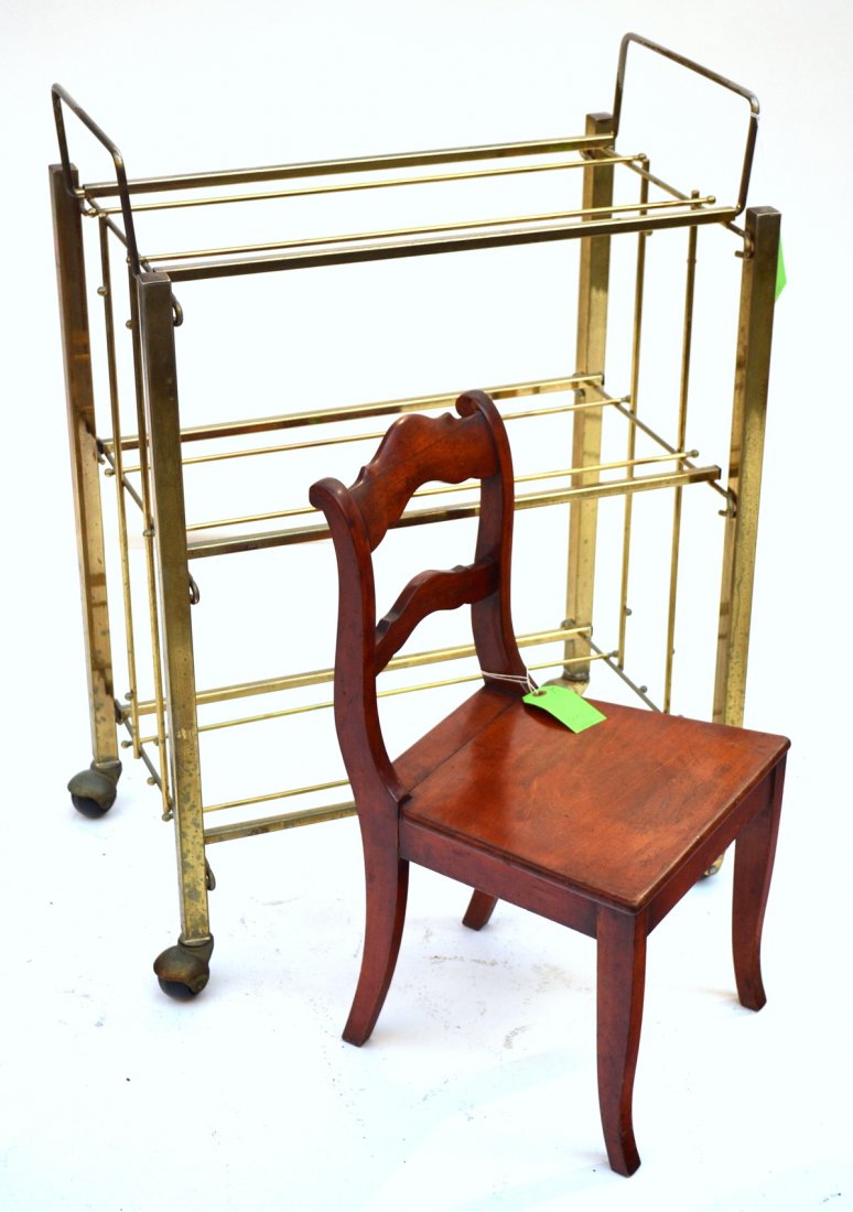 Modern Brass Cart and Wooden Chair: Three tier brass rolling cart. [24" x 15 1/2" x 31" H]. Accompanied by a wooden chair.