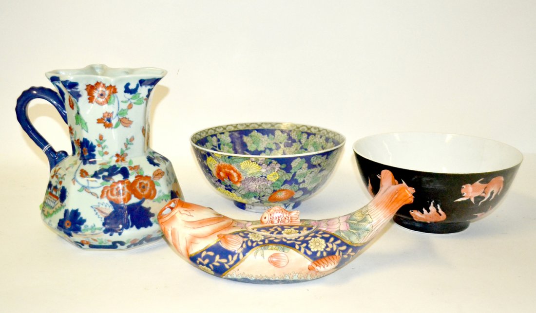 3 Asian , 1 English Decoration: Two Asian bowls. One Asian fish vessel and one ironstone (English) pitcher.