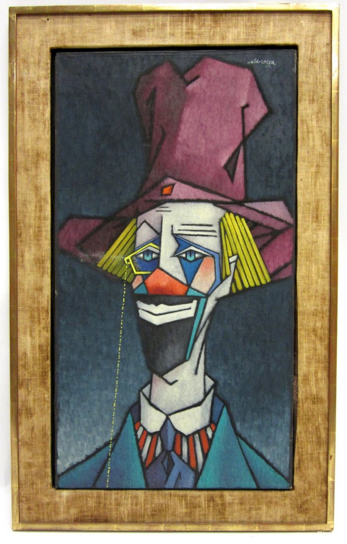 Fratellini Ritratto, 'Fameso Clown Albert': 1960s modernist Italian framed oil on canvas depicting a 3/4 profile of a clown with a top hat and monocle. Signed "aldorocca PM" on upper right and inscribed: "Famoso Clown Albert Fratellini Ritratto
