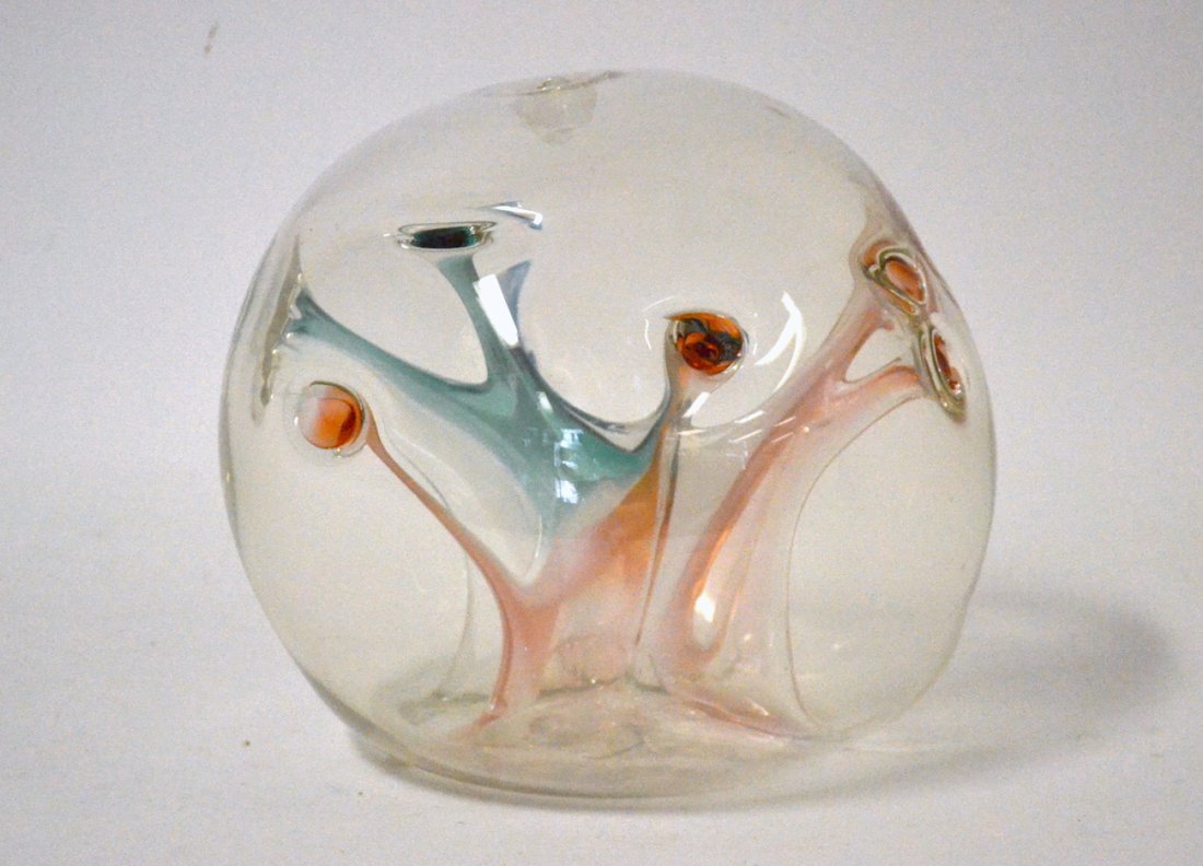 Peter Bramhall Abstract Glass Sculpture: Abstract multi-colored glass ball signed P.Bramhall dated 1989. Approx 8" H.