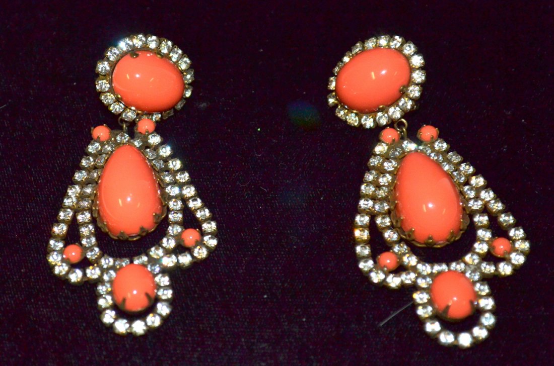 Kenneth Jay Lane Earrings, Signed: Dangle earrings, coral and diamantes. Signed.
