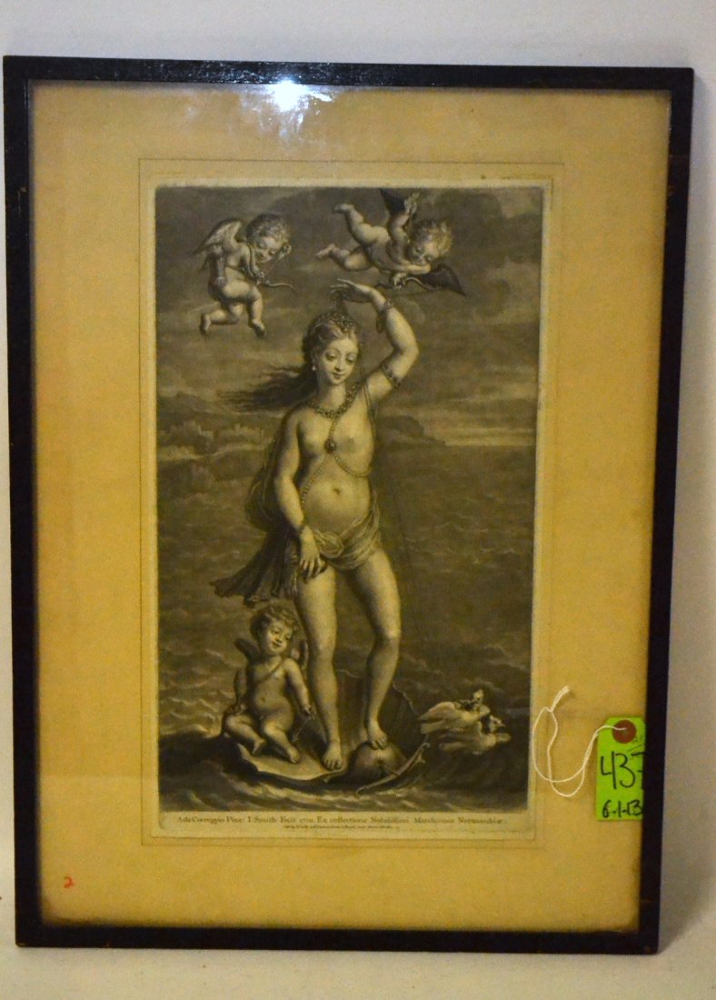 Early 18th C. Mezzotint - Venus: Venus on Neptune's Shell. Mezzotint by I. Smith after a painting by Correggio. Depiction of Venus riding the shell of Neptune. Plate: 16 1/4" x 9 5/8" on trimmed sheet. Frame 22 7/8" x 16 7/8". Tipped
