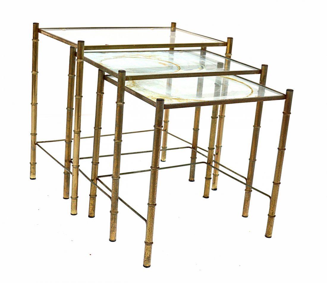 Bamboo Nesting Tables: Nest of three brass tables with worn glass tops. 21" x 13" x 20 1/4" H (tallest)