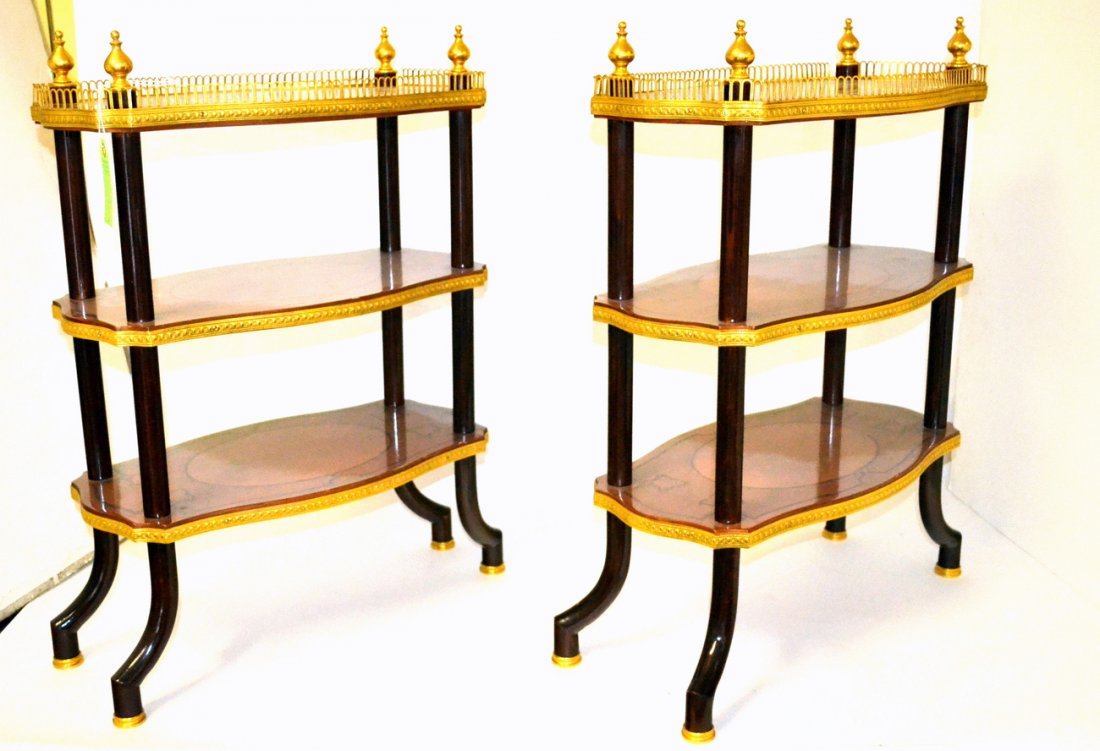 Pair of 3-Tier Tables: Pair of decorated tables, each with galleries and finials. 20" x 10 1/2" x 27 1/2".