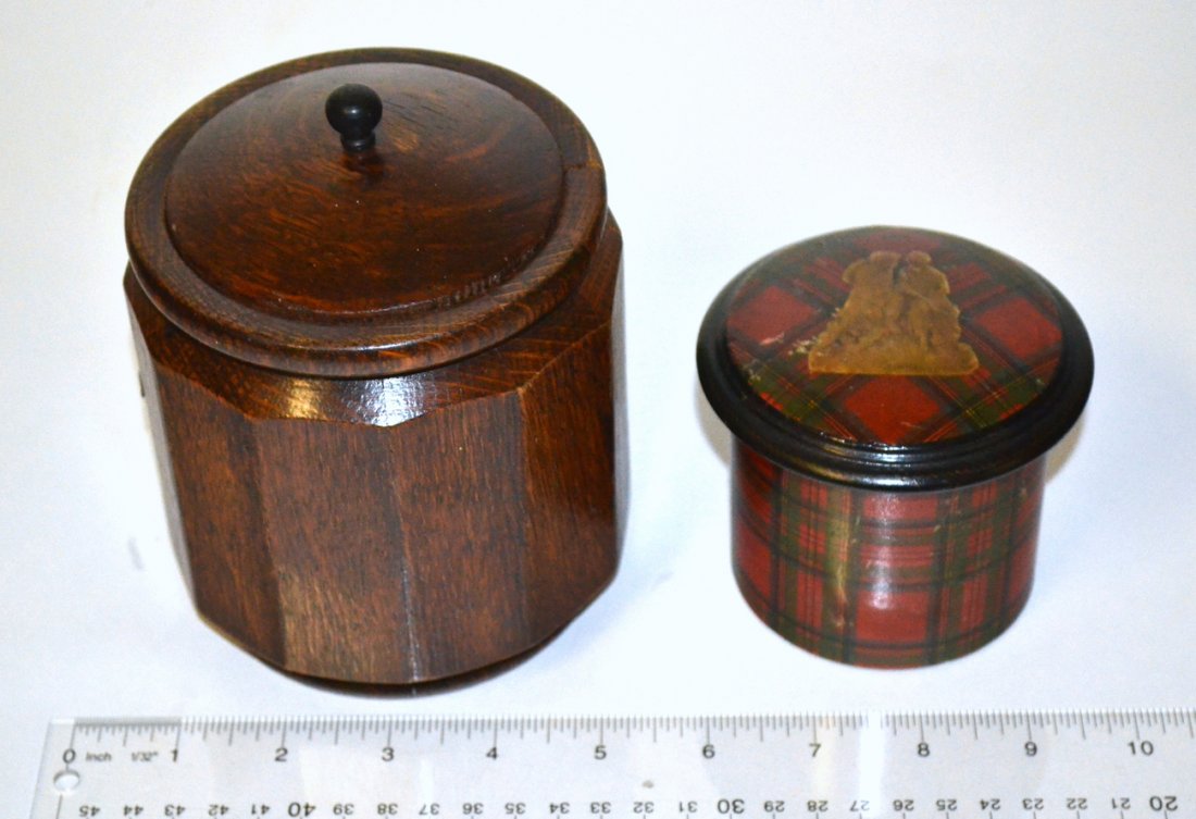 Two Covered Boxes: One oak covered reed form box, the other in plaid design. [6" tallest]
