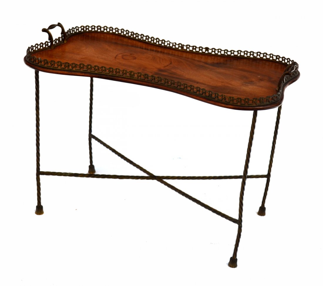 Jansen Manner Tray Top Table: Scallop form mahogany table, try top form, having a reticulated gallery top, rope form base. [25" x 14 1/2" x 18 1/2" H].