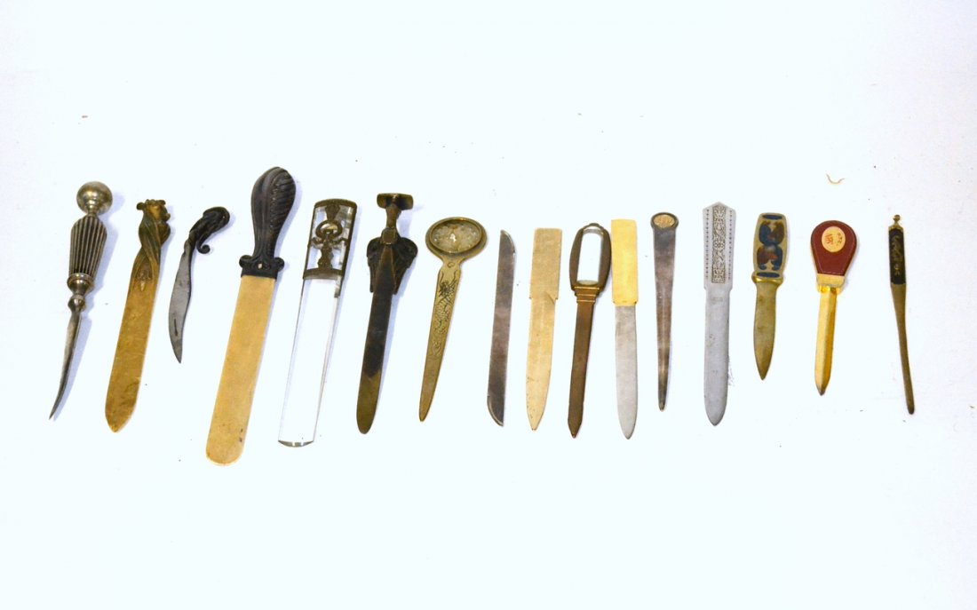 Antique & Modern Letter Openers: Assorted decorative and figural letter openers. Includes: crystal, sterling silver, ivory and others. Conditions vary, sold as is. [Sizes vary from 6 3/4" to 12 1/2" L] 16 items total.