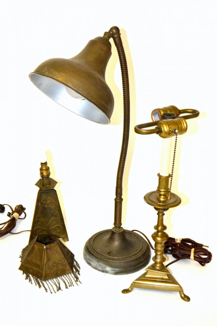 Three Vintage Lamps: Comprises: 1.) Otto Starke industrial style desk lamp with flexible arm [7 1/4" Dia at base x 20" H]. 2.) Arts and crafts style brass lamp with hexagonal shade [5 7/8" Dia x 9 1/2" H to socket]. 3.) B