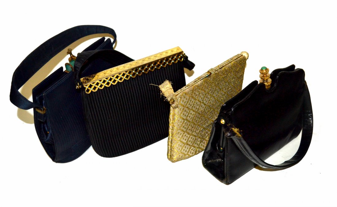 Four Vintage Handbags: Comprises: 1.) Navy blue Charles Blair/Paris bag with jade and poodle clasp. 2.) Black Charles Blair bag with gold-tone and enamel lattice clasp. 3.) Black leather "Artbag Creations" bag with pagoda-f