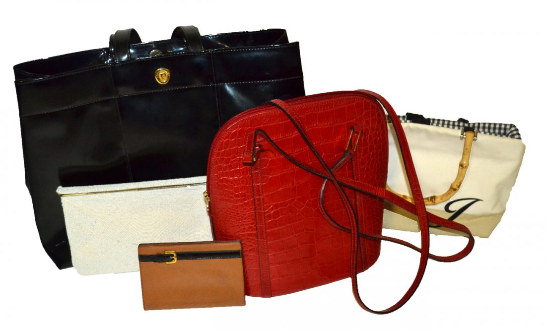 Assorted Ladies Bags: Comprises: Pierre Cardin black simulated leather day bag. 2.) Saks Fifth Ave red leather faux alligator handbag. 3.) Chains and bamboo handle handbag. 4.) Japanese white glass beaded clutch. 5.) Herme