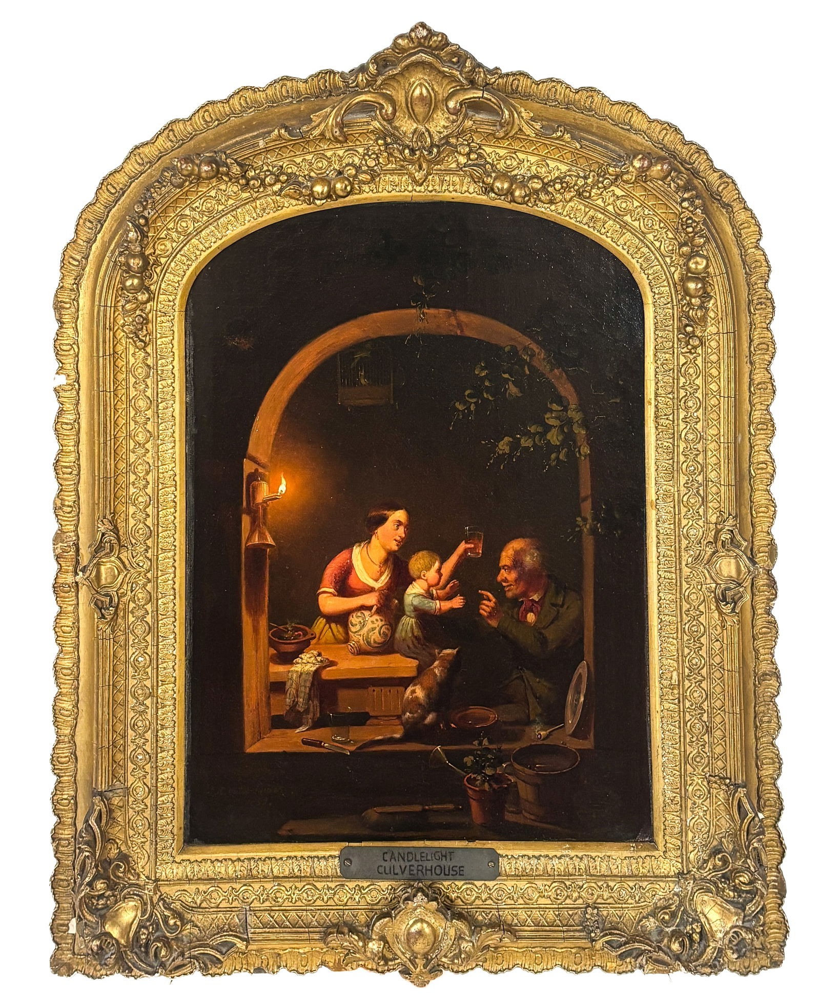 Johann CULVERHOUSE Dutch Genre Scene, Oil Painting: Johann Mongels Culverhouse (Dutch/New York, 1820-1893) oil on canvas genre scene depicting a family sharing a candlelit drink, signed and dated lower left "J.M. Culverhouse," 1851, in arched gilt fram