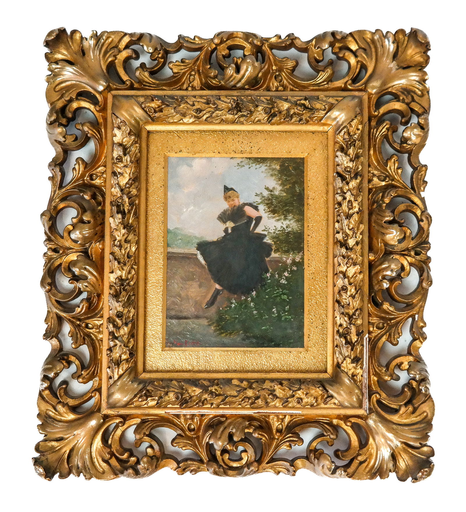 After Jan van BEERS Lady w/ Fan, Oil on Panel: Oil on panel after Jan van Beers (Belgian, 1852-1927), titled "Fille ? l'?ventail dans une robe en dentelle noire," signed lower left "Van Beers," contained under glass in ornately carved gilt frame.