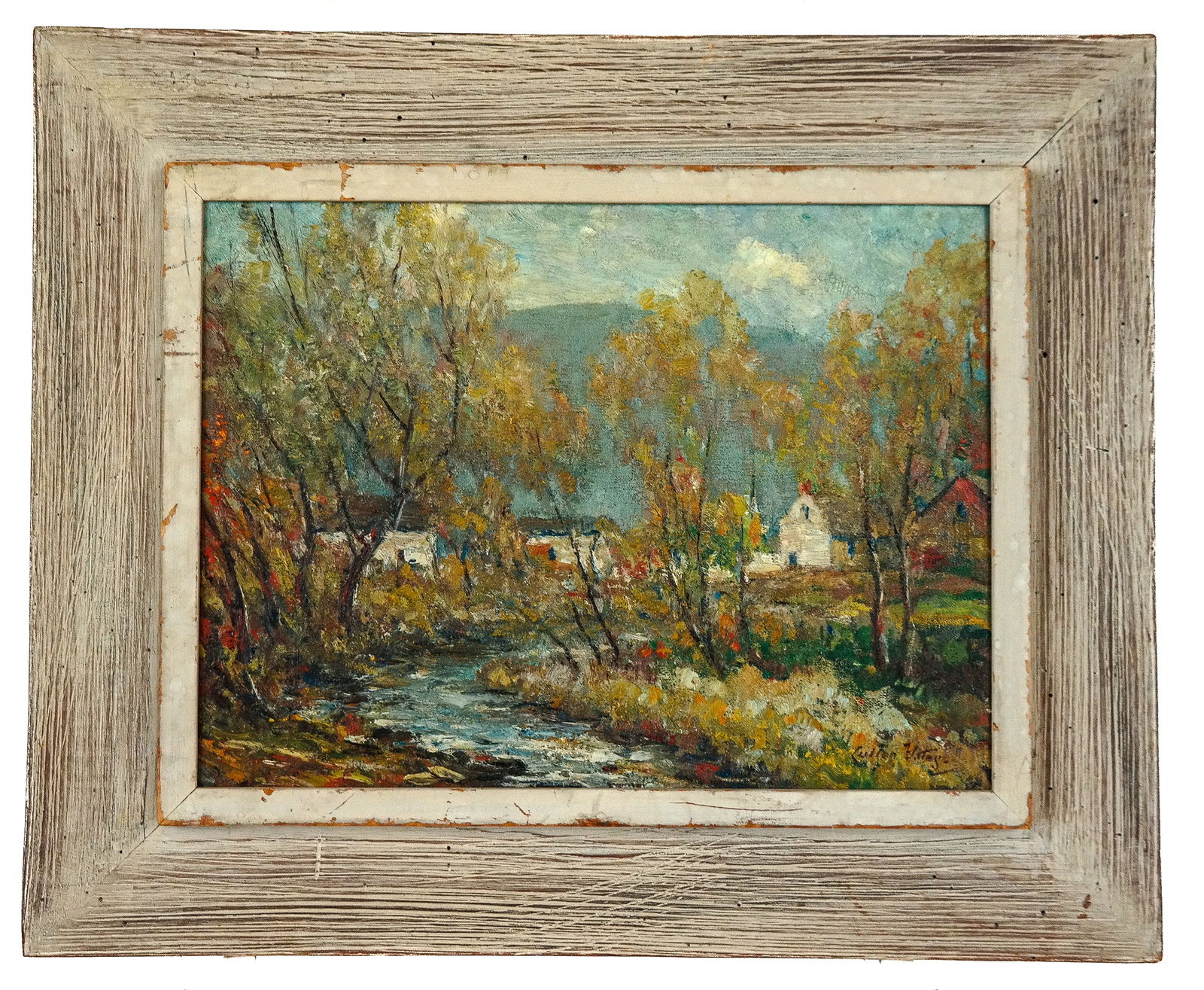 Cullen YATES "Autumn Brook" Oil on Canvas: Owen Cullen Yates (American, 1866-1945) oil on canvas landscape titled "Autumn Brook," signed lower right, bearing labels to verso for Grand Central Galleries, Peridot Galleries, and Babcock Galleries