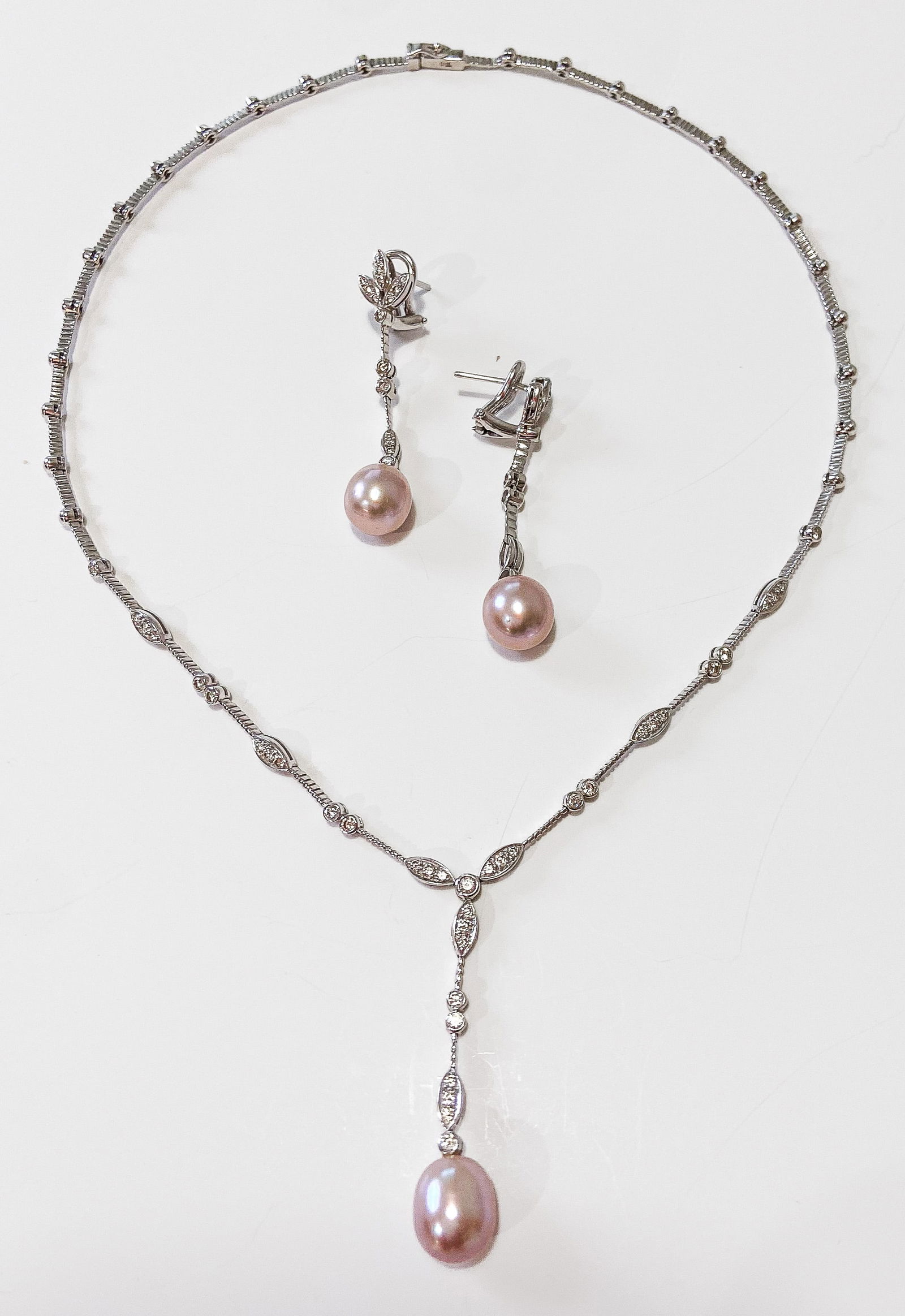 Pink Cultured Pearl & Diamond Necklace Earring Set (1 of 14)