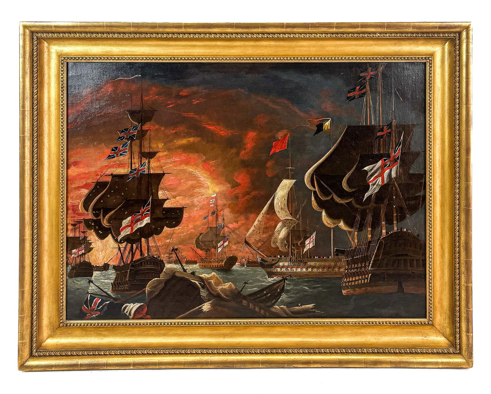 After J.S. COPLEY: Battle Scene - Painting: After John Singleton Copley (American, 1738-1815) naval / maritime battle scene, possibly the "Great Siege of Gibraltar", with ships flying historical British flags, including the Union Jack, English