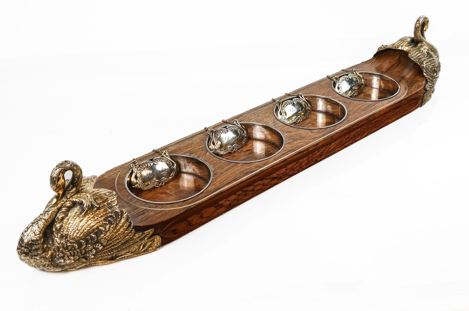 Asprey English Silver & Decanter Tray & Labels: Asprey London English silver vermeil and rosewood swan decanter tray with silver swan form bottle labels, tray: London, 1969, labels: London, 1970, all by Asprey London, the elaborately swan form term