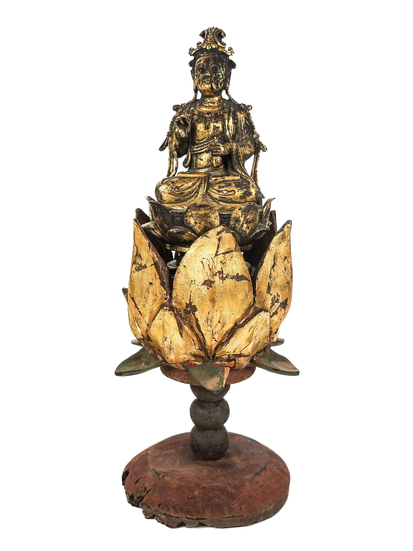 Gilt Bronze Liao Maitreya Bodhisattva with Stand: Chinese gilt bronze Maitreya Bodhisattva with gold and colored pigmented wood tall-handle lotus stand, Liao Dynasty, 11th century CE. [Overall: H: 43 cm; Maitreya: H: 22 cm, D: 12 cm., W: 11.5 cm]. In