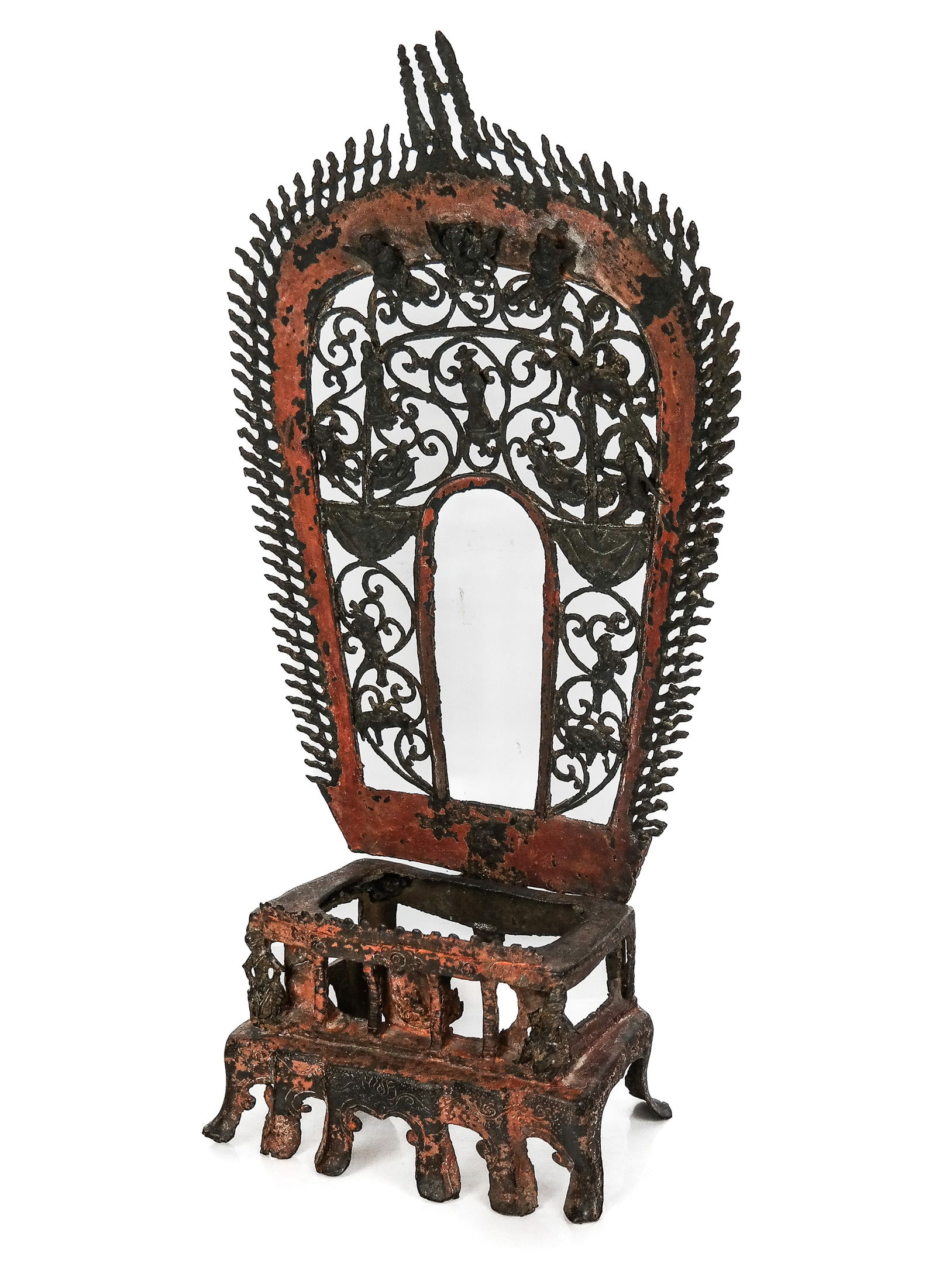 Korean Late Joseon Period Buddhist Altar Stand: Korean Buddhist altar stand, late Joseon Period, 18th century, with an incised flaming mandorla to upper reverse, and mounted with attendant Bodhisattvas, connected to a line engraved and lotus