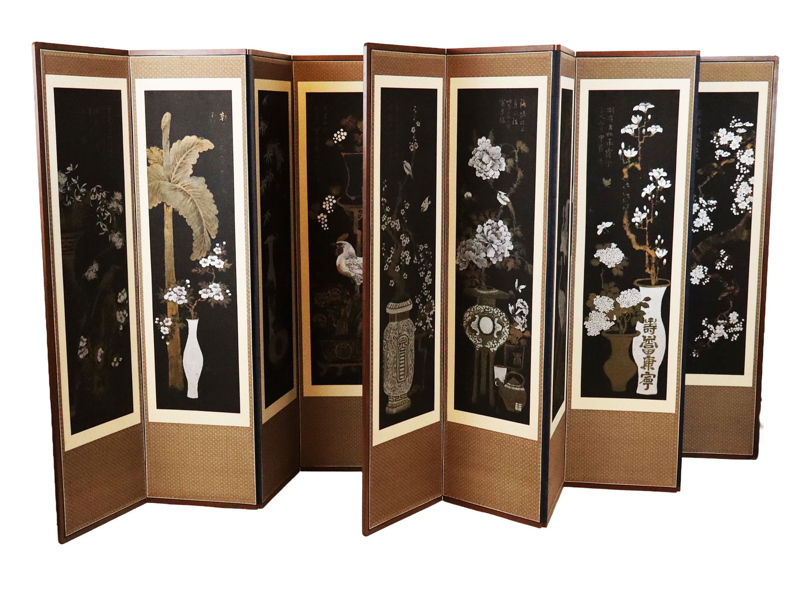 Korean 10-Panel Screen, Late 19th/20th Century: Korean block print on black fabric scenes, mounted on two later screens, late 19th century-early 20th century, with images comprising cherry blossoms, flowers, cranes, and archaistic vessels,