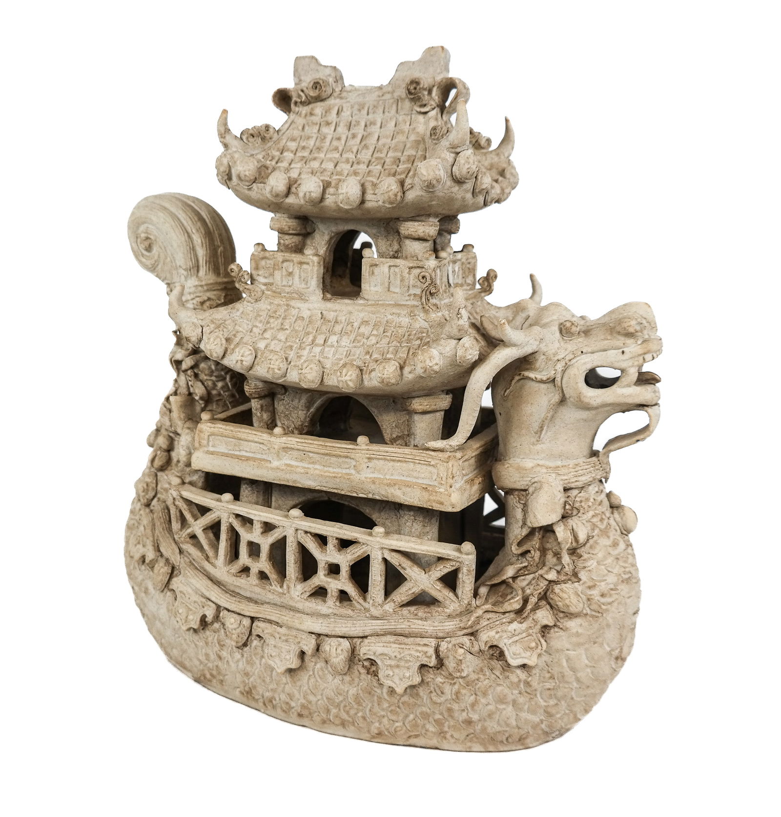 Chinese Qing Dynasty Ceramic Dragon Boat / Censer: Chinese unglazed ceramic dragon boat / censer, Qing Dynasty, 17th/18th century, a scaled dragon, forming the vessel, carrying a multi-level pagoda pavilion. [13.5" H x 12" W x 6" D]. Overall good