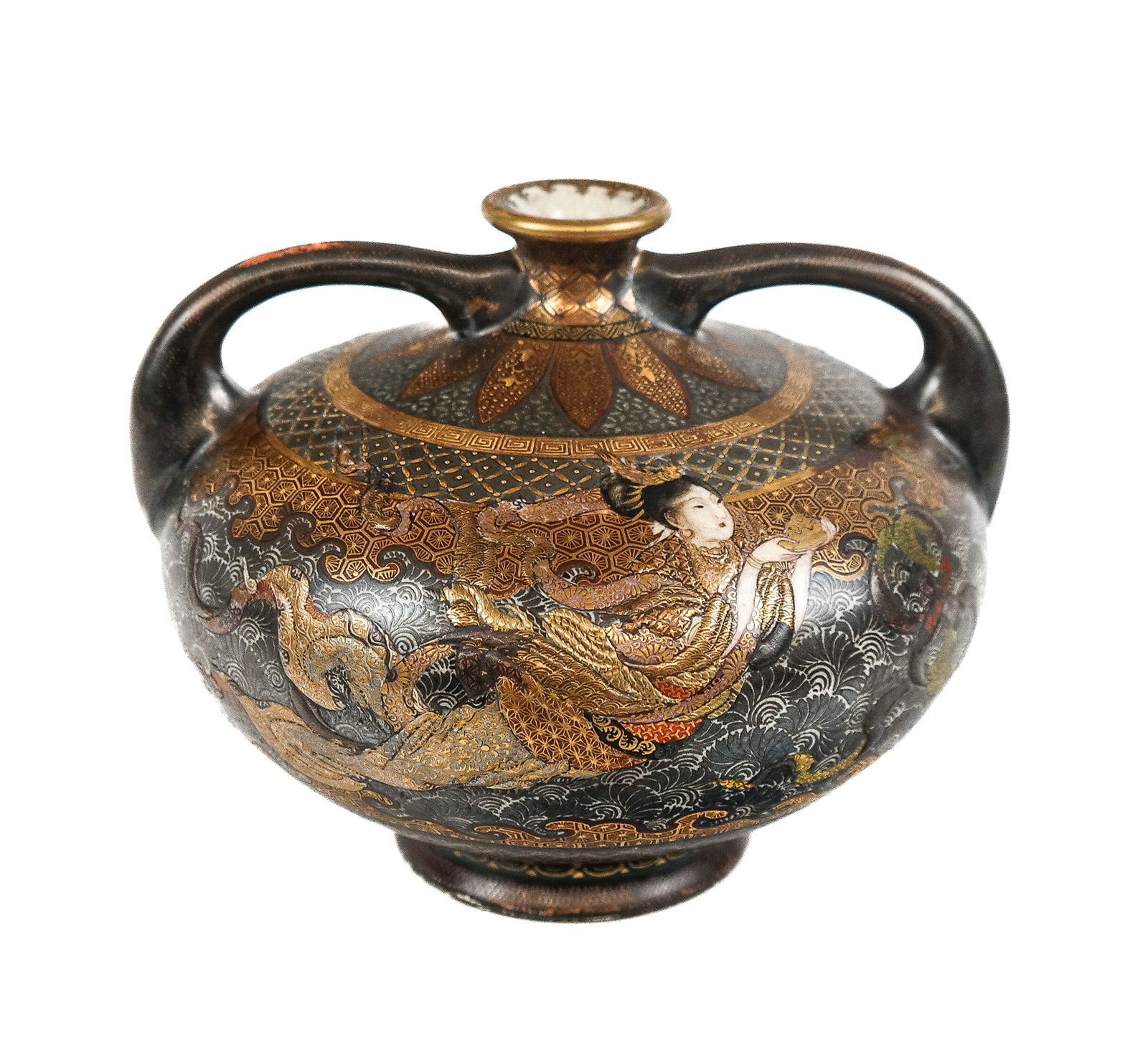 Japanese Meji Period Satsuma Vase: Japanese Meji Period satsuma double handled vase, Kyoto,1890-1910, possibly by Kyoto Fuzan workshop, elaborately decorated with Tennyo celestial winged beings adorned with feathers, jewelry and