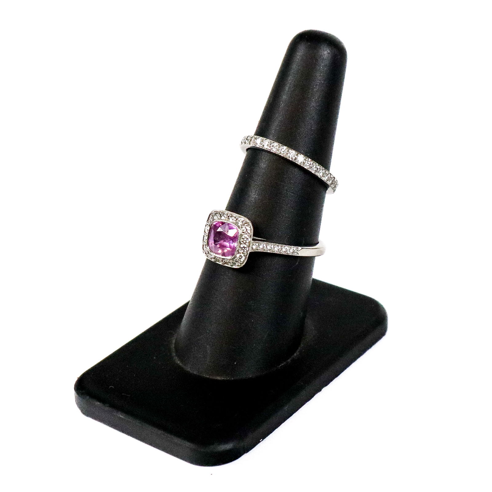 Tiffany & Co. Pink Sapphire & Diamond Ring & Band: Tiffany & Co., pink sapphire and diamond ring with Tiffany eternity wedding band, the pink sapphire and diamond "Legacy" ring, set with pink sapphire cushion-cut pink sapphire, weighing 1.18 carats,