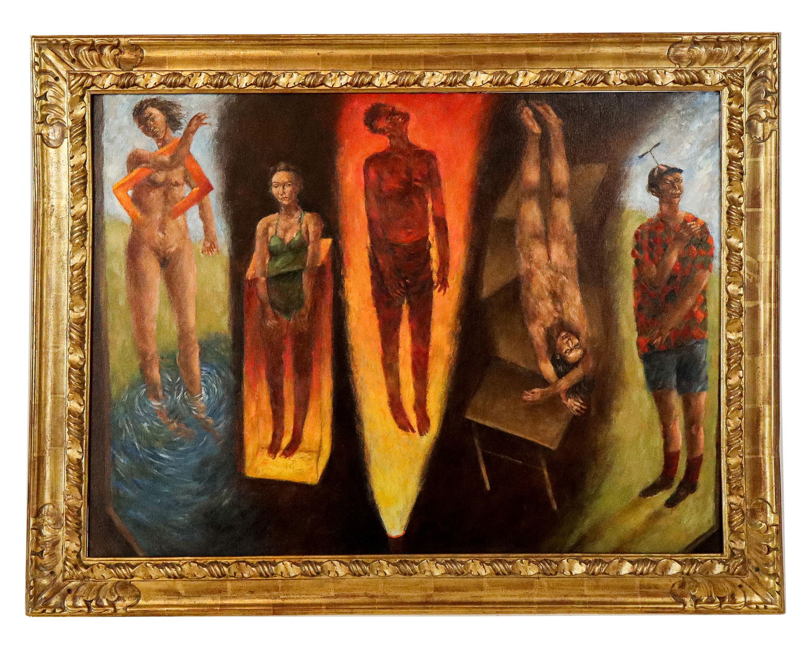 Arturo RODRIGUEZ "Sleepers Awake" Oil on Canvas: Arturo Rodriguez (Cuba, b. 1956) "Sleepers Awake" figural oil on canvas, 1990-91, signed Arturo Rodriguez and titled to reverse of canvas, in a gilt frame. [Framed: 36.5" H x 47" W]. Condition is good