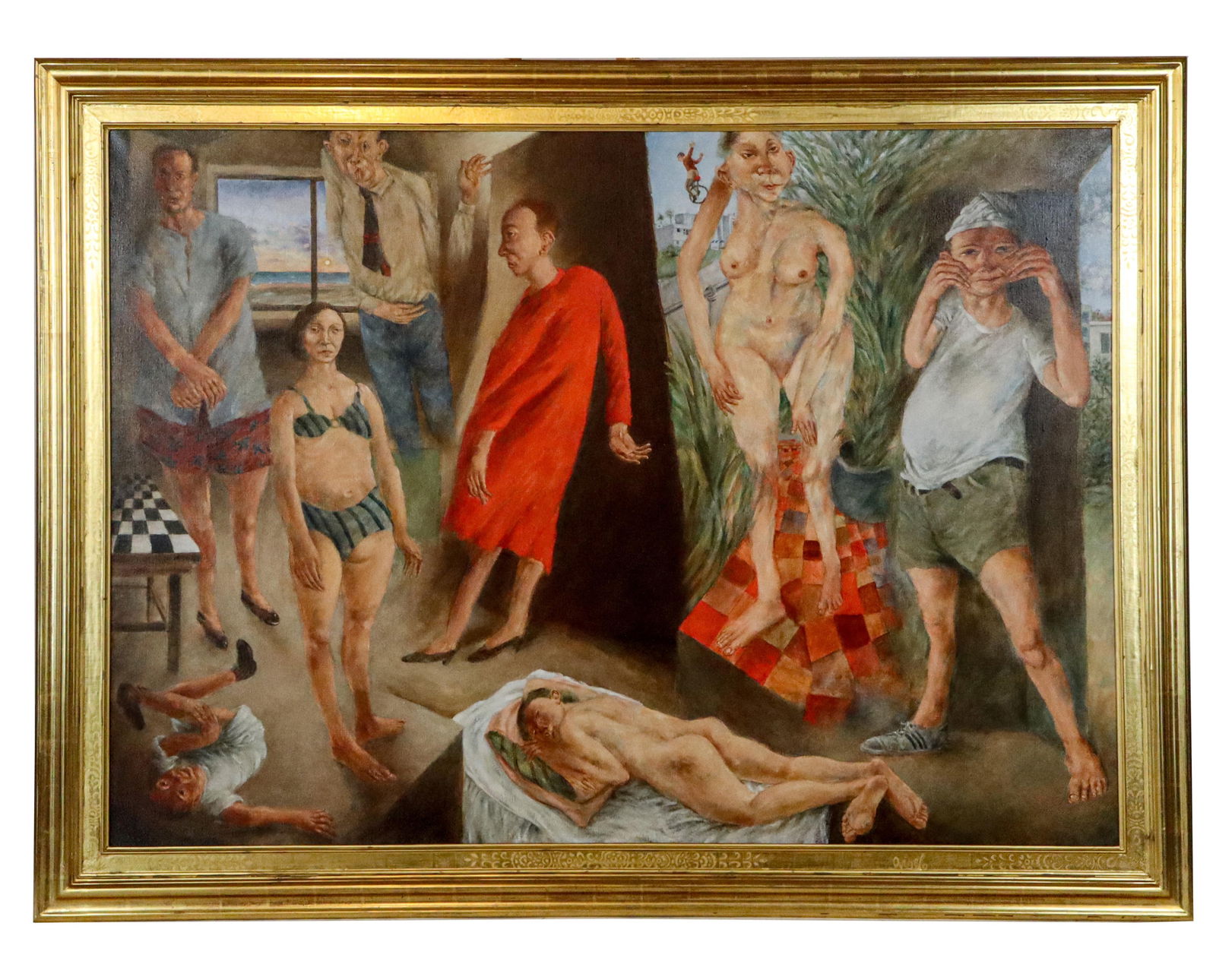 Arturo RODRIGUEZ Round About Mid-Day Oil on Canvas: Arturo Rodriguez (Cuba, b. 1956) "Round About Mid-Day" oil on canvas, 1989, signed Arturo Rodriguez, titled and dated to reverse, in a gilt frame. [Framed: 60" H x 77.5" W]. Condition is good.