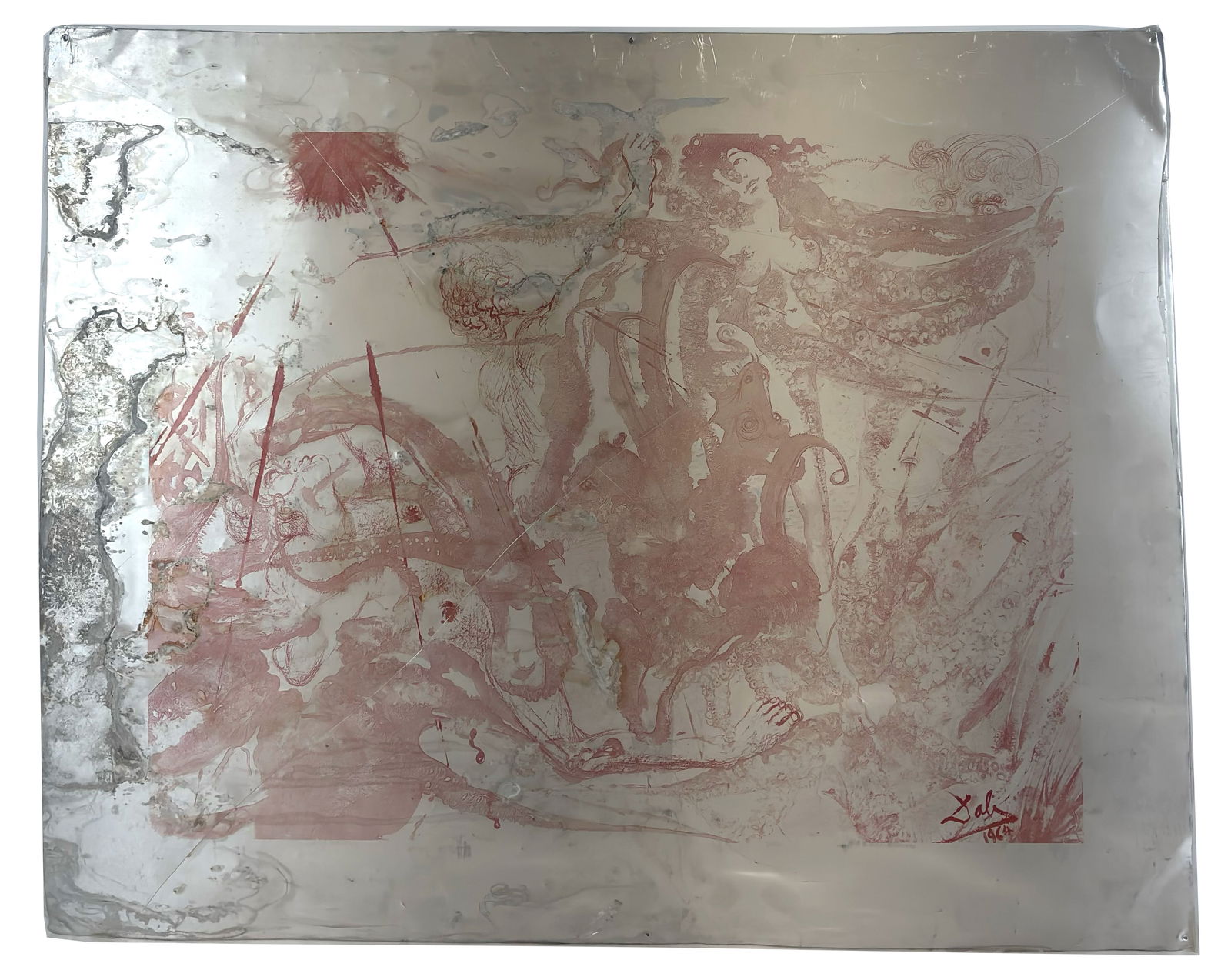 Salvador DALI Aluminum Plate, "Triumph of the Sea": Salvador Dali (Spanish, 1904-1989) trial proof aluminum printing plate for "Triumph of the Sea," 1964, set in red with signature and date lower right. [26" H x 32" W]. Worn with oxidation and white ru