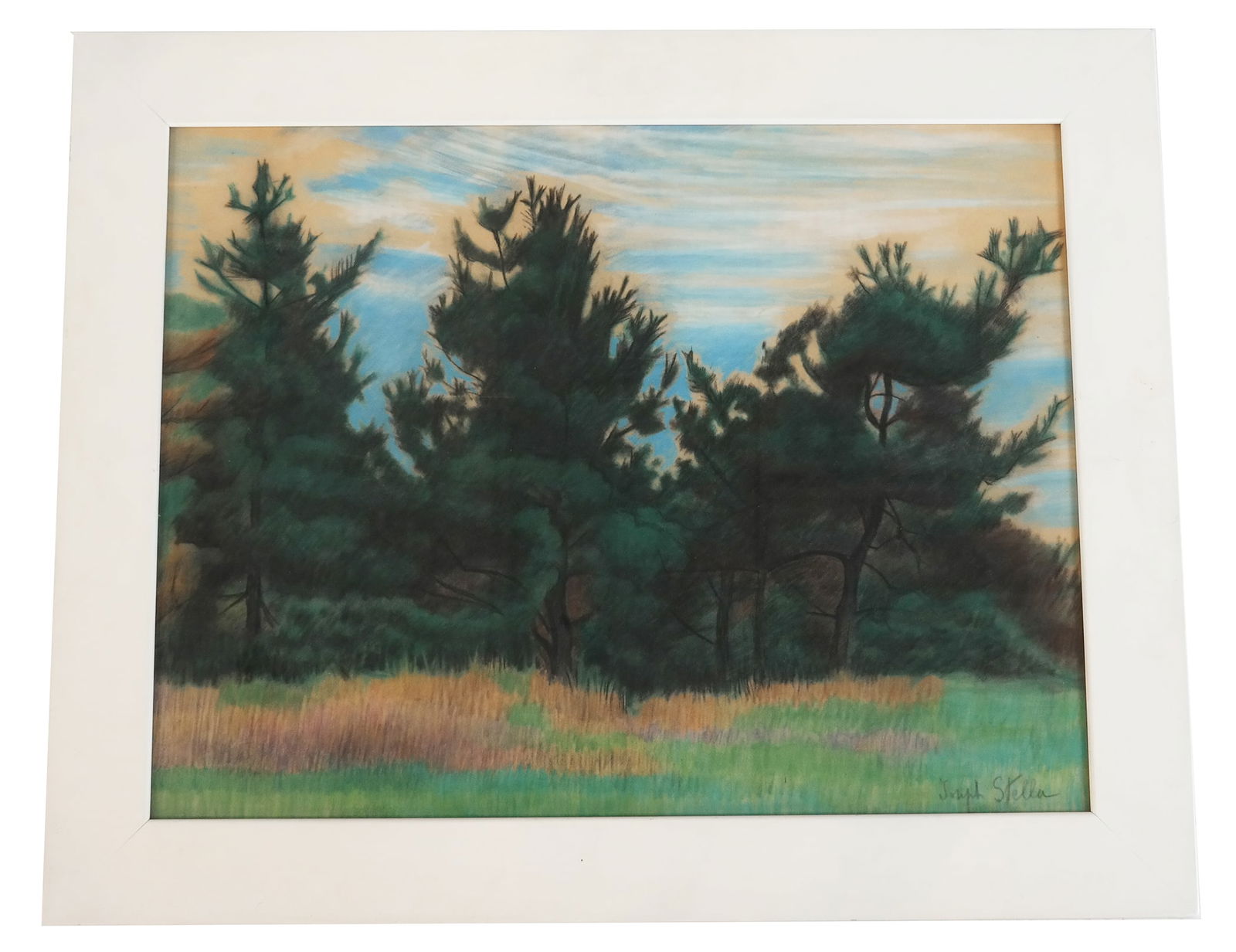 Joseph STELLA "Chopsticks" Pastel Painting: Joseph Stella (Italian/American 1877-1946) "Chopsticks"; impressionist style wooded landscape at sunset, signed lower right, pastel painting, in simple white painted frame. [Arf: 18.5" H x 24" W,